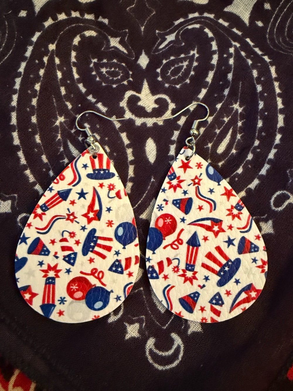 Patriotic Red & Blue Teardrop Leather Earrings